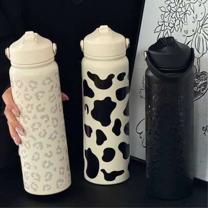 HILAKE 1pc 800ml Cow And Leopard Print Insulated Drinking Cup With Handle - Y2K Aesthetic Gym Water Bottle For Office Hydration, Outdoor Adventures, Picnics, Festivals, And Camping - Ideal Gift For Family And Friends