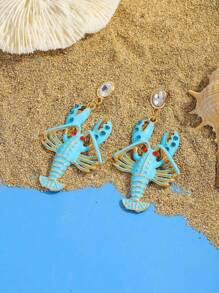 1 Pair Cute Enamel Inlaid Rhinestone Lobster Earrings, Fashionable Lobster Earrings With Ocean Elements Style, Suitable For Women To Wear For Holiday, Beach And Daily Occasions