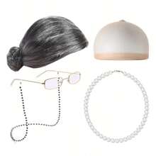 5Pcs Women's Wig COS GRANDMA Short Curly Hair GRANDPA Middle-Aged And Elderly Sketch Dressing Set, Grandmother Role-Playing Set, Interesting Elderly Woman Dressing Set Wearing Wig Hat, Pearl Necklace, Glasses Chain, Realistic Grandmother Costume Wig, Elderly Woman Costume Set Halloween Costume Party Elderly Woman Wig, Stage Performance Costume, Party Decoration Photography Props, Perfect For Giving To Family And Friends
