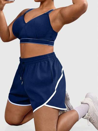 SUPEKYKO Plus Size Women's Athletic Shorts - Color Block Yoga Sweater Shorts With Front Tie & Pockets | Workout Running Casual Gym Wear