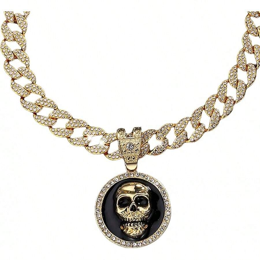 Men's Shiny Cuban Chain Necklace, Miami Style Silver Plated Gold Plated Shiny Necklace, Hop Necklace - 骷髏頭-金色 - 查看 1