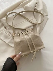 迷你时尚草编金链抽绳水桶包，沙滩包，夏季度假包