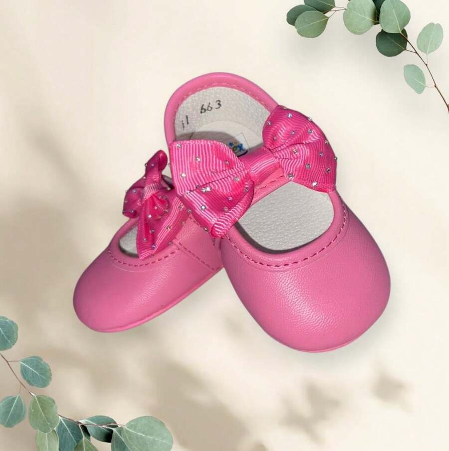 Zapatos de bebe, valerinas para niñas pequeñas, hermosos, cómodos, ligeros, antideslizantes, tipo mary jane, con suela suave y plana, moño brillos. - Rosa Fucsia - Ver 1