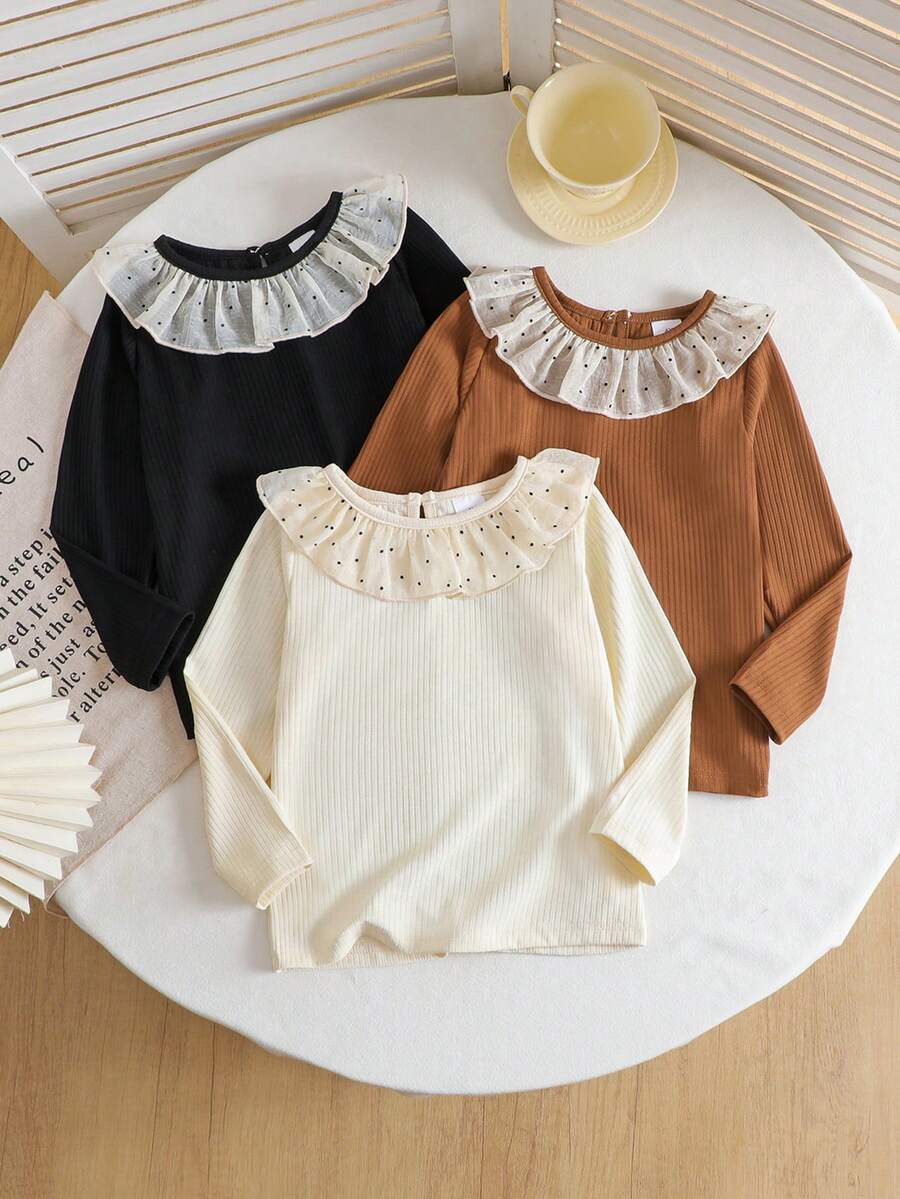 3pcs/Set Girls Casual Cute Floral Lace Trim T-Shirt And Polka Dot Ruffle Blouse - Multicolor - View 1