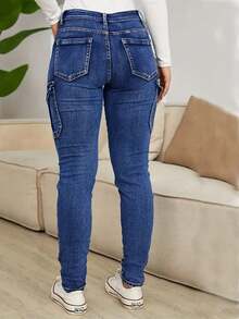 Women's Large-Sized Blue Distressed Work Pants, Denim Pants, Ankle-Length Pants, Side Flap Pockets, Multiple Pockets, High-Waist, High Elasticity, Street Casual, Comfortable, Fashionable, All-Season Large-Sized Denim Pants - 藏青色 - 查看 3