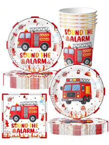 10pcs Cartoon Fire Truck Theme Birthday Party Potluck Paper Cups Paper Plates Consumer Activity Drill Disposable Tableware Set Fire Speech Fire Animation Party - Multicolor - View 7