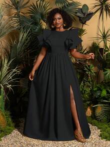 Faeriesty TribalChic Plus 夏季休闲长裙 - 合身紧身胸衣，配有短荷叶边袖和飘逸的拖地长裙，适合休闲外出、海滩度假、度假旅行和日常优雅穿着 - 黑色 - 查看 5