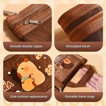 1 件可爱 CAPYBARA 图像铅笔盒，大容量可容纳 A4 书籍、凝胶笔、尺子和其他文具，双层透明纱布铅笔盒。, 返校, 学校用品, 铅笔袋, 书包 - 彩色 - 查看 6