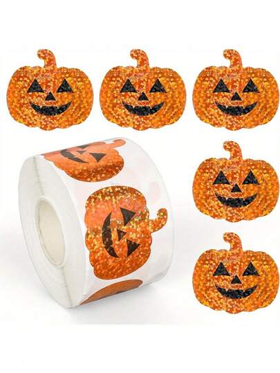 500pcs Holographic Pumpkin Face Stickers - Reusable Orange Glitter Stickers, 1.2 Inch, Halloween Party Decoration, For Crafts, Scrapbooking, Envelopes And Gifts, Halloween Accessories, Scrapbooking Supplies, Festive Envelope Seals, Shiny Effect, Durable Adhesive