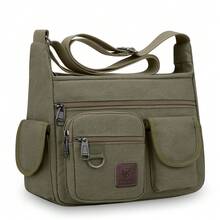 LEBULLBRO Large Capacity Dark Brown Canvas Shoulder Bag - Spacious Multi-Compartment Design, Adjustable Comfortable Strap, Stylish Messenger Bag For College Students And Travelers - Durable, Versatile, Easy To Clean, And Perfect For Daily Commute - Army Green - View 1