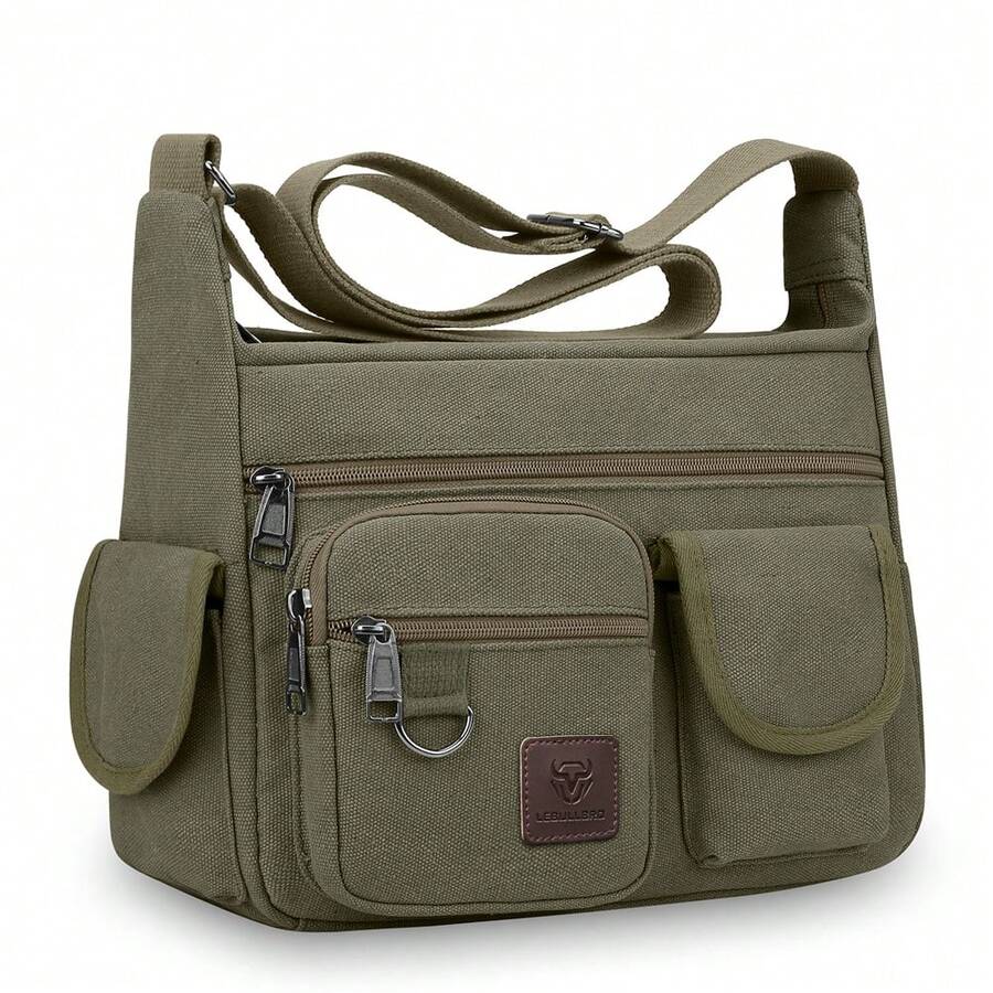 LEBULLBRO Large Capacity Dark Brown Canvas Shoulder Bag - Spacious Multi-Compartment Design, Adjustable Comfortable Strap, Stylish Messenger Bag For College Students And Travelers - Durable, Versatile, Easy To Clean, And Perfect For Daily Commute - Army Green - View 1