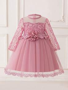 Lace Long Sleeve Faux Pearl Mesh Elegant Piano Recital Dress For Young Girls, Suitable For School Performance, Birthday Party, Excludes Headpiece - Bụi hồng - Xem 1
