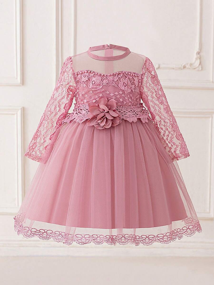 Lace Long Sleeve Faux Pearl Mesh Elegant Piano Recital Dress For Young Girls, Suitable For School Performance, Birthday Party, Excludes Headpiece - Bụi hồng - Xem 1