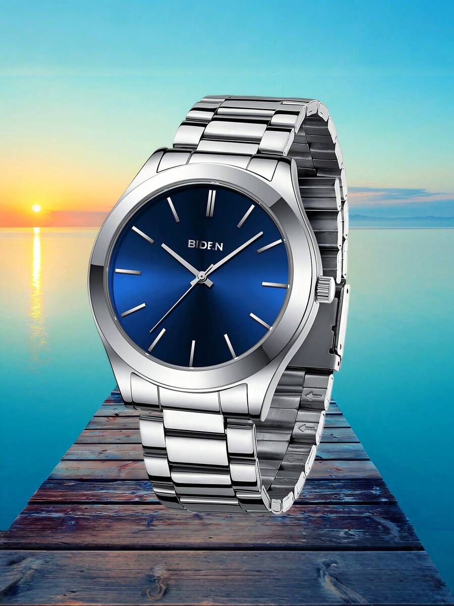 BIDEN 1 件男士不锈钢表带石英表，防水，简约商务，完美的男士礼物 - 銀色 - 查看 1