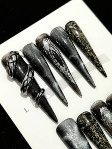 Handmade Wearable Nail Stickers, Press-On Fake Nails, Prehistoric Python Pattern, Cat Eye Effect, Snake Skin Pattern, Devil's Eye Pattern, Extra Long, Customizable, High-End Quality, Reusable. Nail Art Supplies - Multicolor - View 3