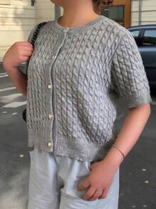 Minimalana Plus Size Spring Summer Vacation Elegant Fashion Casual Twist Design Round Neck Knit Single Breasted Metal Buckle Design Short Sleeve Cardigan Brunch Outfits For Women