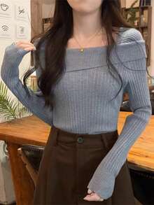 1 件女式露肩针织毛衣，不对称法式露肩长袖上衣，夏季 - 灰色 - 查看 3