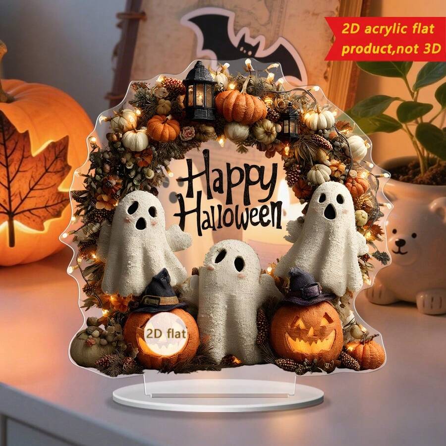 1 Piece Happy Halloween Ghost Pumpkin Wreath Style Ornaments 2D Acrylic Table Centerpiece Courtyard Garden, Bedroom Living Room Window Artwork Ornaments Suitable For Halloween Party Gathering Banquet Surprise Gift Decorations - Multicolor - View 1
