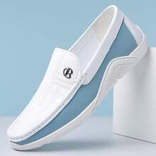 Men's Lightweight Slip-On Low-Top Blue And White Casual Shoes, Simple And Breathable, Office Life Essential Dress Shoes, Fashionable And Versatile Loafers For Men - 白色 - 查看 1