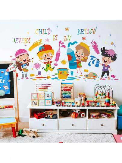 返校墙贴，儿童礼物，教室墙壁装饰，可爱卡通儿童和彩色花朵墙贴 | 儿童房装饰 | 可移除，易撕易贴 | 教育幼儿园艺术