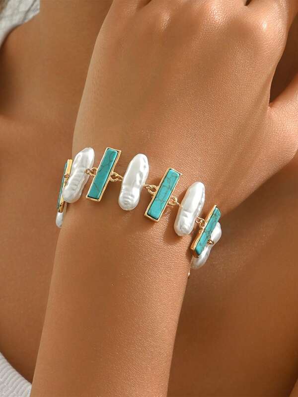 1 pieza Pulsera de mujer geométrica con piedra de turquesa y cuentas de perlas - Joyería de lujo minimalista y versátil de estilo bohemio