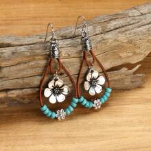 1 Pair Boho Style Vintage Blue Bead & Flower Dangle Earrings, Everyday Party Jewelry Gift