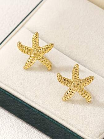 1 pièce Boucles d'oreilles minimalistes style plage en forme d'étoile de mer, conviennent aux femmes pour un port quotidien et en vacances à la plage