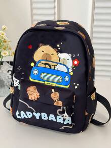 1 pieza Mochila Bonita de Capibara - Estampado de Animal de Dibujos Animados, Estilo Informal, Mochila de Vuelta al Colegio, con Cierre de Cremallera y Correa para el Hombro Ajustable, Adecuada para la Escuela y los Viajes