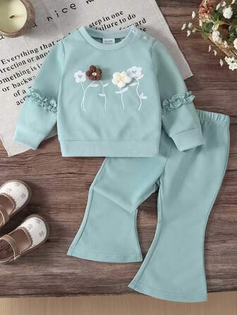 2pcs/Set Baby Girls Casual Floral Print Open Shoulder Long Sleeve Top & Flared Pants Set For Autumn/Winter