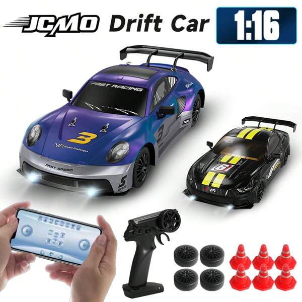 JCMO Nuevo coche de carreras de drift KF28 a escala 1:16 con control proporcional a 4 ruedas motrices, ajuste de servo y aplicación para control del juguete - Carrocería de PVC irrompible, diseño realista - Regalo ideal para niños y chicos (cumpleaños/festividades)