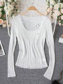 Apricot Oversized Crew Neck Slim Fit Ripped Knitted Top With Shoulder Cut-Outs, Tie Bow Design, Long Sleeve Cover Up Shawl Jacket For Women, Sun Protection - Apricot - View 1