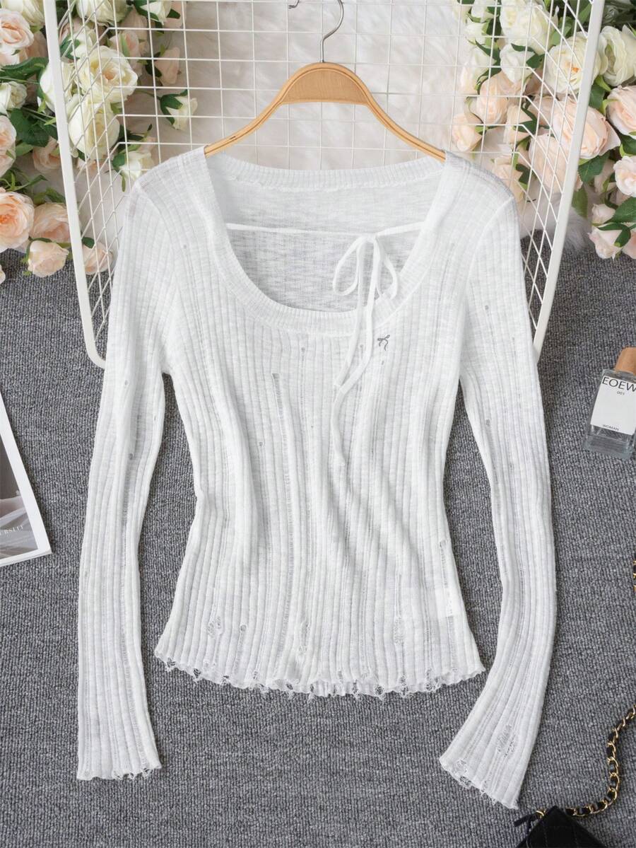 Apricot Oversized Crew Neck Slim Fit Ripped Knitted Top With Shoulder Cut-Outs, Tie Bow Design, Long Sleeve Cover Up Shawl Jacket For Women, Sun Protection - Apricot - View 1