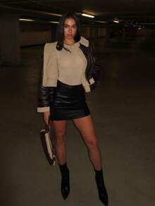 HH Mode eleganter Damen Dicker Warmer Reißverschluss Mantel Weiblich Kunstleder Lammwolle Patchwork Lässig Jacke