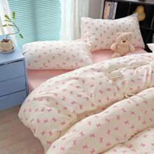 1 Set de 4 piezas de juego de ropa de cama blanco y rosa con moños, de tela suave, estilo femenino, adecuado para dormitorio, dormitorio universitario, todo el año (1 Edredón + 1 Sábana + 2 Fundas de Almohada), Fundas de Almohada con Corte de Patrón Aleatorio, Edredón no Incluido