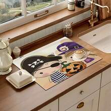 1 pieza Alfombrilla de secado para la cocina con diseño de bruja, pirata y calabaza de Halloween, súper absorbente, con respaldo de goma, multifuncional para el hogar, cafetería y máquina de café