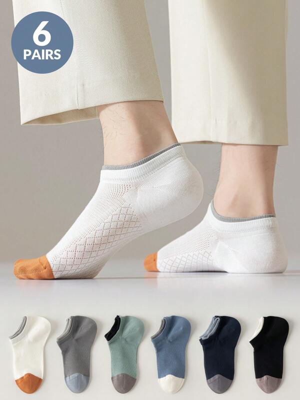 6 pares de meias masculinas, estilo mesh respirável, premium para negócios, meias curtas masculinas, meias até o tornozelo, meias esportivas, meias confortáveis com cores contrastantes