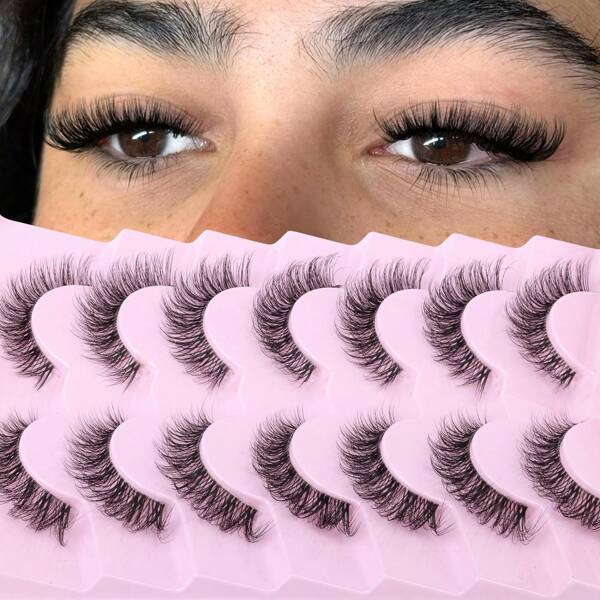 Eefofnn Natural Lashes Wispy False Eyelashes Cat Eye Lashes 8-14mm Thin Short Eyelashes Flared Clear Band Fake Lashes D-Curly Volume Strip Lashes Pestañas Postizas Naturales 7 Pairs Pack