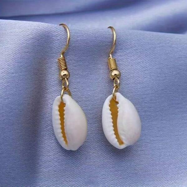 1 par de pendientes de estilo vacacional bohemio con conchas marinas para mujeres