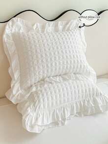 3 Pcs/Set White Lace-Trim Plaid Chiffon Bedding Set, Include Duvet Cover & Pillowcase - White - View 8