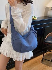 时尚纯色尼龙防水单肩包，休闲简约学院风宽肩带斜挎包，带多个拉链隔层，适合学生通勤购物