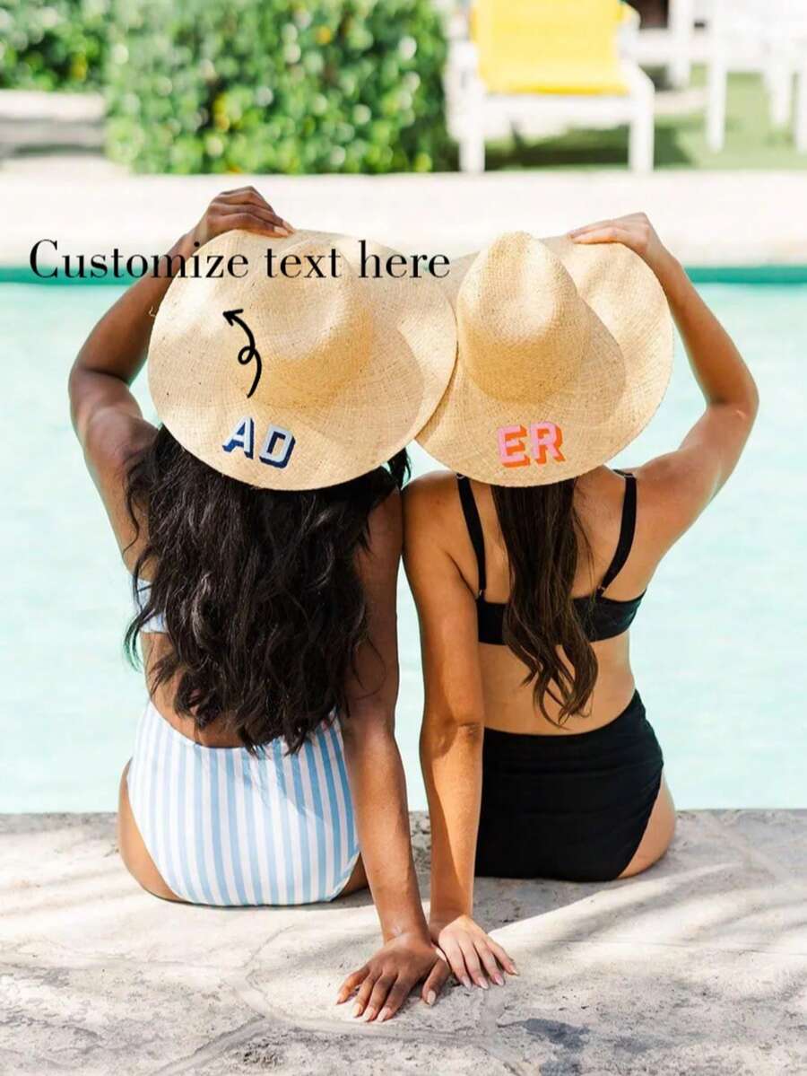 Embroidered Straw Beach Hat - Shadow Monogram // Personalized Straw Hat, Sun Hat, Bachelorette Gift, Personalized Gifts, Custom Sun Hat,Sisters Gift,Party Gifts, Summer Gifts, Girl Gifts, Give To The Best Of Her/Him,The Best Seaside Party Gift - Apricot - View 1