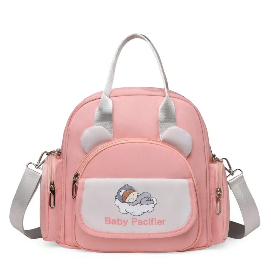 1 件纯色尼龙可调节背包单肩包，大容量尿布包带纸巾架，方便新生儿户外旅行，时尚孕妇包 - 彩色 - 查看 1