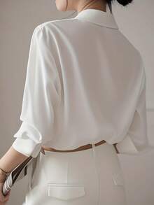 女士长袖衬衫 - 经典白色纯色，尖领单纽扣开合，常规版型多功能办公休闲装，春夏透气透视职业上衣，办公室衬衫 | 经典白衬衫 | 半透明面料，女士衬衫 - 白色 - 查看 4