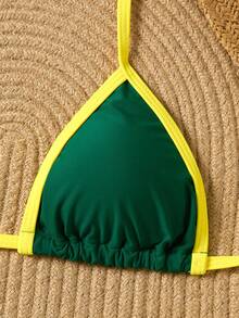 Bikini con cuello en V y parte delantera anudada, con bloques de color, sexy para mujeres, ideal para la playa y vacaciones de verano - Verde - Ver 3