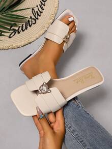 Women's Fashion Casual Strap Slidier Sandals, Summer Comfortable Flat Heel Open Toe Beach Slippers, Versatile Decorative Flat Sandals Suitable For Spring And Summer - Beige - View 2