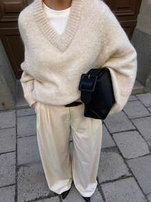 Vivid Style Women's High-End Laid-Back Style, Retro Money Style, Daily Commuting Style, Loose Solid Color V-Neck Pullover Knitted Sweater,Christmas, Christmas Sweater, Attire,New Year