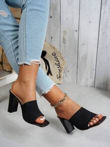 Damen atmungsaktive und bequeme Sandalen mit breiten Trägern, dekoriert mit einfarbigem Stoff und eckiger Zehenpartie, minimalistischer modischer Stil, geeignet für Gehen, Reisen, Party, Date, schwarzes Strickgewebe, Damen Slip-On Sandaletten mit hohem Absatz für den Sommer