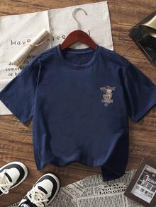 Tween Girl Summer 1pc Double-Sided Bear Print Crew Neck Short Sleeve T-Shirt, Young Student Clothing - Navy Blue - View 5