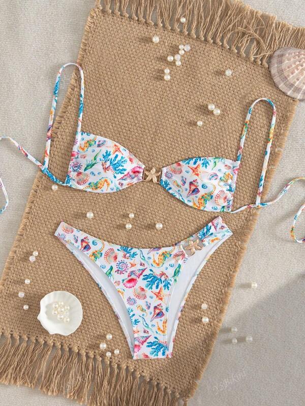 Women's Sexy Backless Halter Starfish Metal Decor High Cut Shell & Starfish Print Spaghetti Strap Bikini Set, Floral & Leaves Watercolor Bohemian Sheer, Spring/Summer Beach Vacation