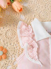 2pcs Baby Girls Casual Cap Sleeve Striped Panel Shirt With Bowknot Skirt Outfits, Including Headband